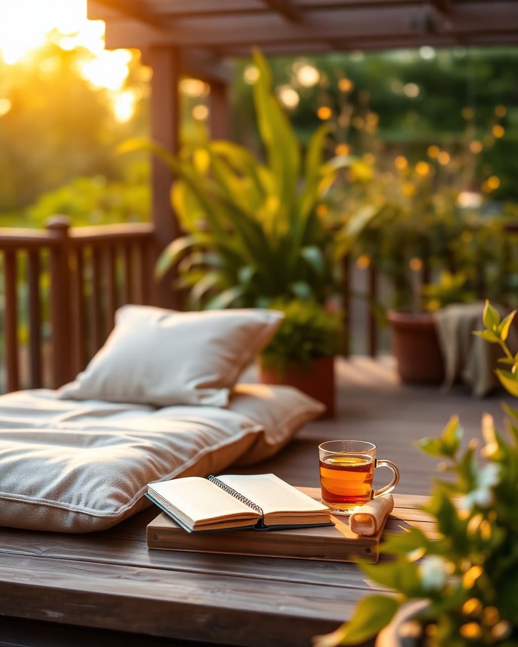 Warme zomerse sfeer met notitieboek en thee op een houten terras