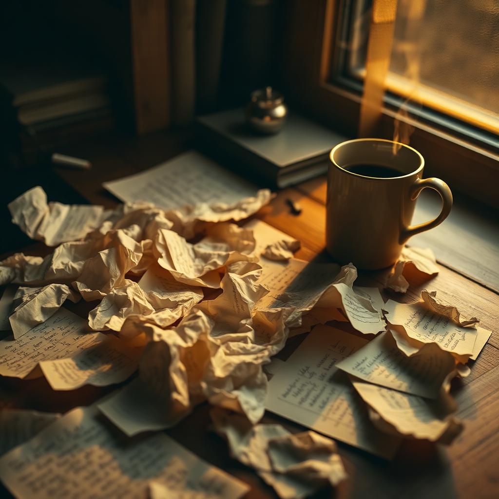 Verfrommelde notities en een dampende koffie op een houten bureau