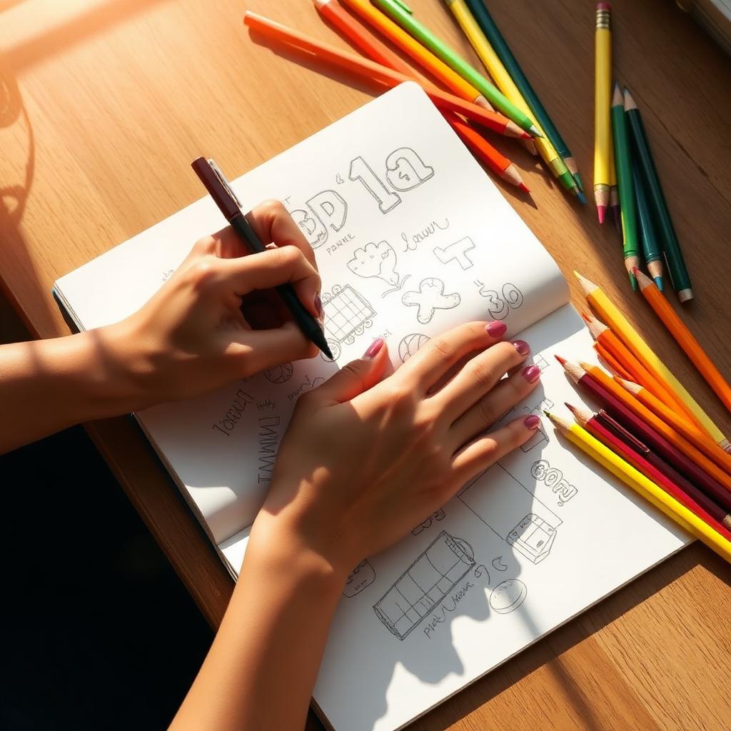 Handen die speelse doodles tekenen met kleurpotloden in warm zonlicht